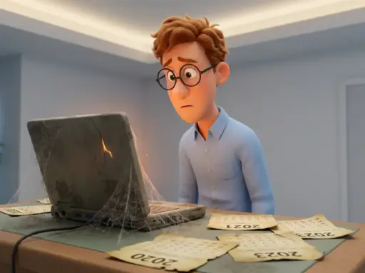 Mann mit Brille blickt entsetzt auf verstaubten, mit Spinnweben bedeckten Laptop, umgeben von Kalenderblättern, die vergangene Jahre andeuten.