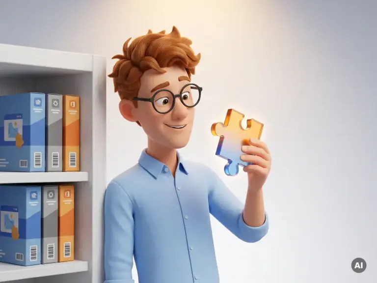 3D-Cartoon-Figur mit Brille und blauem Hemd hält ein leuchtendes Puzzleteil neben einem Regal mit Plugin-Paketen.