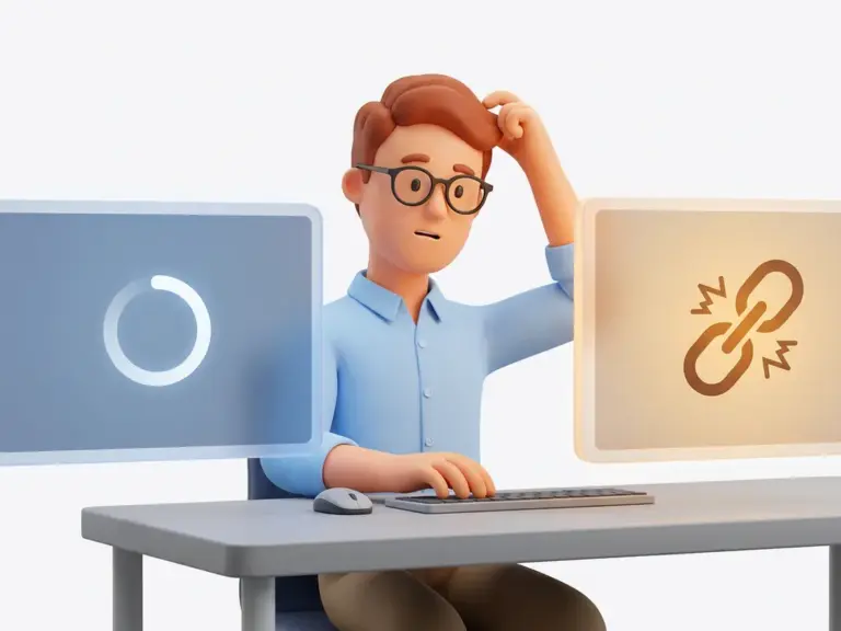 3D-Cartoon-Mann mit Brille blickt verwirrt auf zwei Browser-Fenster mit Ladefehler und Verbindungsproblem am Schreibtisch.