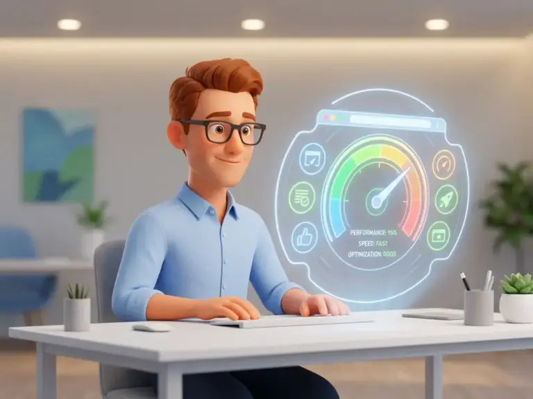3D-Cartoon-Figur mit Brille und hellblauem Hemd analysiert leuchtende Browser-Geschwindigkeitsanzeige am weißen Schreibtisch.