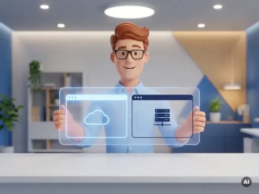 Cartoon-Figur mit Brille hält zwei leuchtende Browser-Fenster mit Cloud- und Server-Symbol an modernem weißem Schreibtisch.