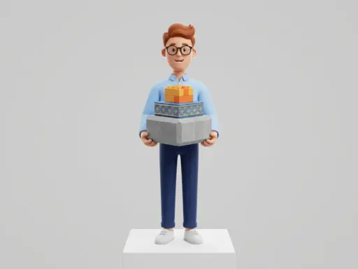 3D-Cartoon-Figur mit Brille und hellblauem Hemd hält drei gestapelte Baublöcke in unterschiedlichen Größen.