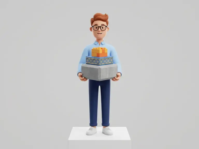 3D-Cartoon-Figur mit Brille und hellblauem Hemd hält drei gestapelte Baublöcke in unterschiedlichen Größen.