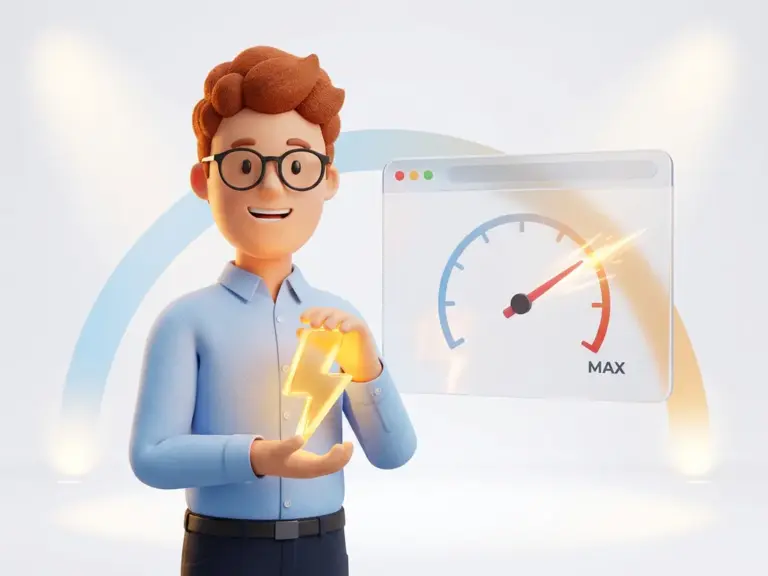 Cartoon-Figur mit Brille hält goldenen Blitz neben Browser-Fenster mit Geschwindigkeitsmesser auf Maximum, symbolisiert Website-Performance.