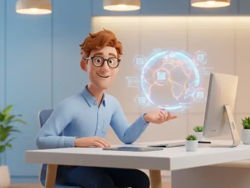Cartoon-Figur mit Brille zeigt auf leuchtenden Globus mit vernetzten Serverknoten an modernem weißem Schreibtisch, CDN-Konzept.