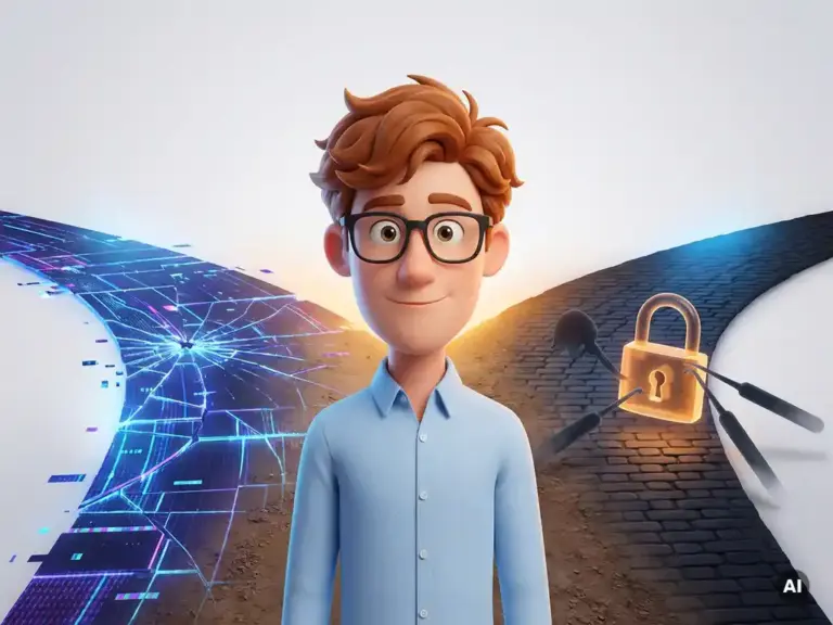 3D-Cartoon-Figur mit Brille an einer Weggabelung zwischen gebrochenem Bildschirm und aufgebrochenem Schloss, symbolisiert Cyberbedrohungen.