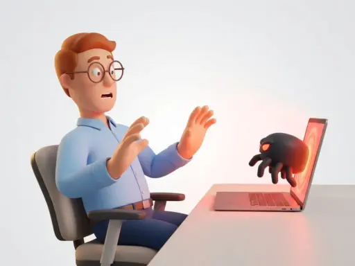 Cartoon-Mann mit Brille weicht vor einem dunklen Bug-Wesen zurück, das aus einem leuchtenden Laptop-Bildschirm kriecht.