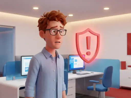 3D-Cartoon-Figur mit Brille und hellblauem Hemd reagiert besorgt auf ein rotes Warnschild-Symbol in modernem Büro.