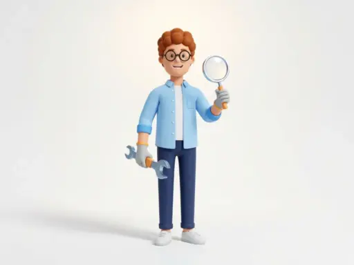 3D-Cartoon-Figur mit Brille hält Schraubenschlüssel und Lupe, trägt hellblaues Hemd und Marineblau-Hose.