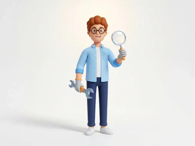 3D-Cartoon-Figur mit Brille hält Schraubenschlüssel und Lupe, trägt hellblaues Hemd und Marineblau-Hose.
