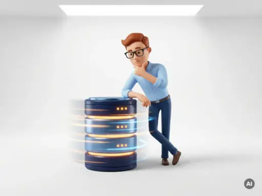 Cartoon-3D-Figur mit Brille lehnt nachdenklich über einem leuchtenden Server-Rack und berührt einen Datenbankzylinder.