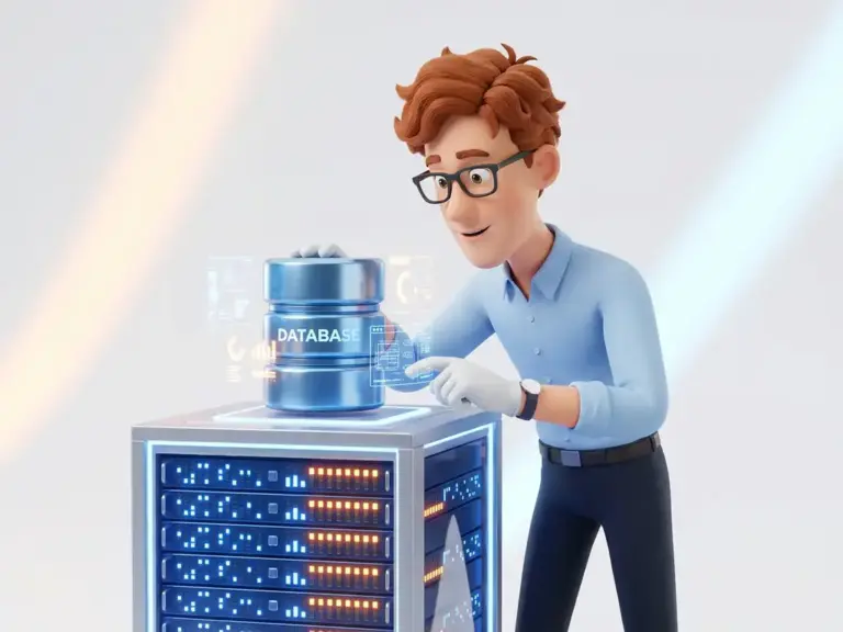 Cartoon-Figur mit Brille und blauem Hemd lehnt neugierig über einem leuchtenden Server-Rack und poliert einen Datenbankzylinder.