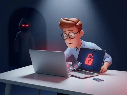 Alarmierter 3D-Cartoon-Mann mit Brille vor aufgebrochenem Laptop mit defektem Schloss-Symbol und verstreuten Kundendaten, dunkle Figur im Hintergrund.