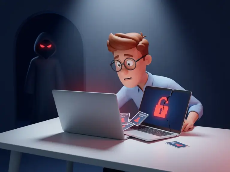 Alarmierter 3D-Cartoon-Mann mit Brille vor aufgebrochenem Laptop mit defektem Schloss-Symbol und verstreuten Kundendaten, dunkle Figur im Hintergrund.