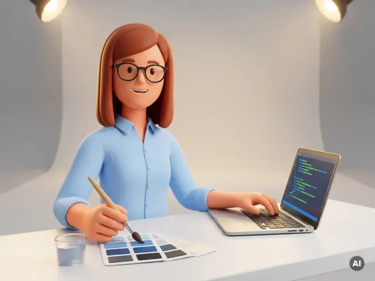 Cartoon-Figur mit Brille und Pinsel an einem Schreibtisch zwischen Farbmustern und Laptop mit Code, symbolisiert Design und Entwicklung.