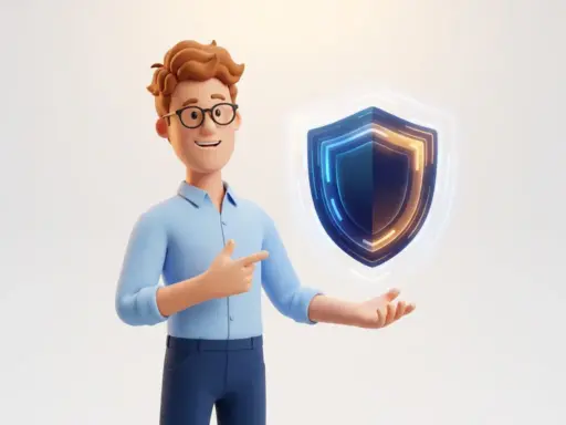 3D-Cartoon-Figur mit Brille und hellblauem Hemd präsentiert ein leuchtendes digitales Schutzschild vor weißem Hintergrund.