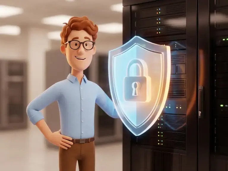 Cartoon-Figur mit Brille und blauem Hemd neben leuchtendem digitalem Sicherheitsschild mit Schloss auf einem Serverrack.