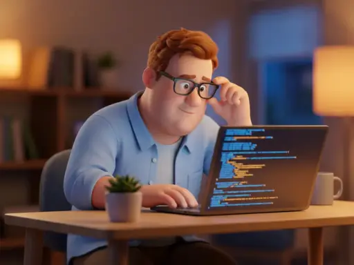 Cartoon-Entwickler mit Brille und blauem Hemd beugt sich neugierig über einen leuchtenden Laptop mit Fehlerprotokoll-Zeilen.
