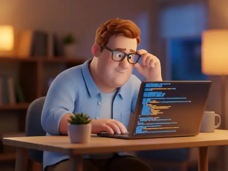 Cartoon-Entwickler mit Brille und blauem Hemd beugt sich neugierig über einen leuchtenden Laptop mit Fehlerprotokoll-Zeilen.
