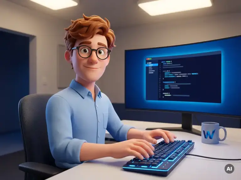 3D-Cartoon-Entwickler mit Brille und hellblauem Hemd tippt an mechanischer Tastatur vor leuchtendem Terminal-Monitor.
