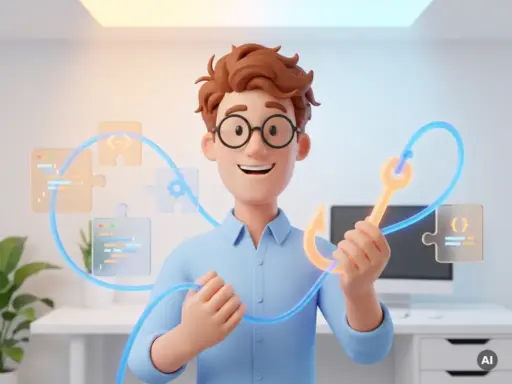 Cartoon-Entwickler mit Brille hält leuchtenden Angelhaken, dessen Linie durch modulare Code-Blöcke führt, auf weißem Hintergrund.