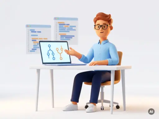 3D-Cartoon-Entwickler mit Brille gestikuliert an modernem Schreibtisch vor Laptop mit Versionsverzweigungsdiagramm, Codeebenen im Hintergrund.