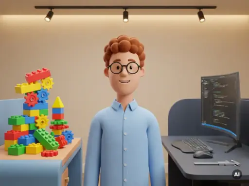 Cartoon-Figur mit Brille zwischen bunten Drag-and-Drop-Bausteinen und professionellem Entwickler-Arbeitsplatz, symbolisiert No-Code vs. Code.