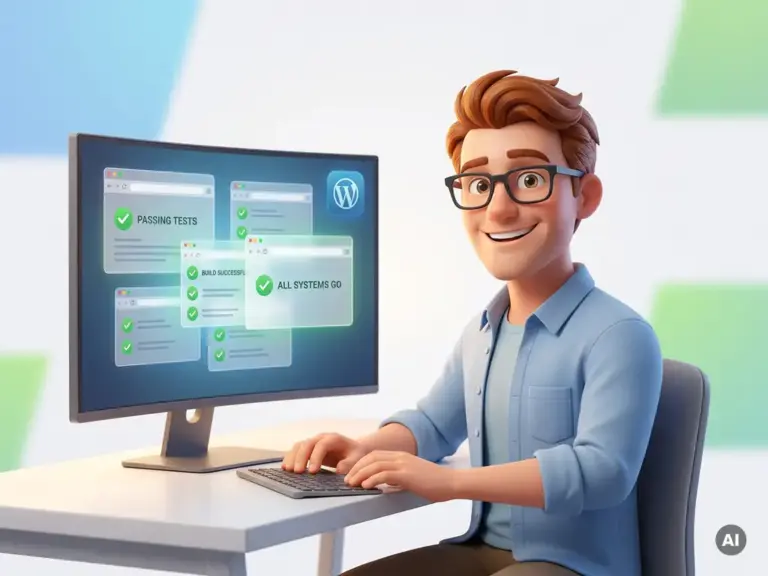 3D-Cartoon-Entwickler mit Brille sitzt am Schreibtisch vor Monitor mit WordPress-Logo und grünen Testergebnissen.
