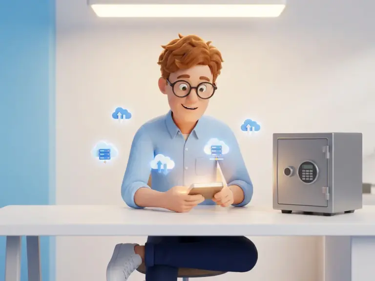 3D-Cartoon-Figur mit Brille untersucht leuchtende externe Festplatte, umgeben von Cloud-Server-Symbolen und einem Miniaturtresor.