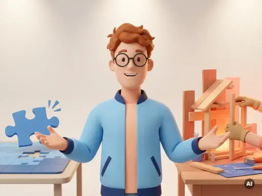 3D-Cartoon-Mann mit Brille zwischen einem einrastenden Puzzleteil und einem handgefertigten Holzrahmen, symbolisiert die Wahl zwischen Fertiglösung und Eigenbau.