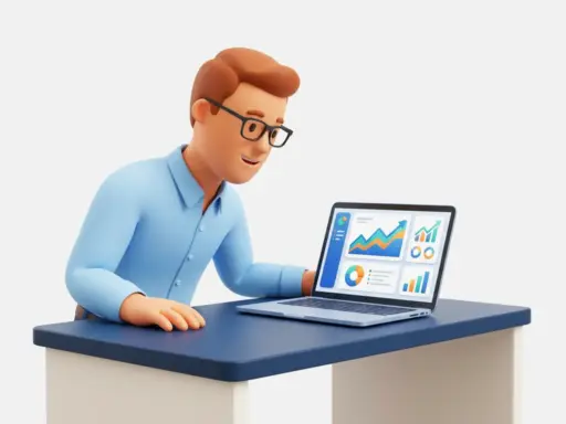 3D-Cartoon-Geschäftsmann mit Brille analysiert Analyse-Dashboard auf Laptop mit steigenden Diagrammen am modernen Schreibtisch.