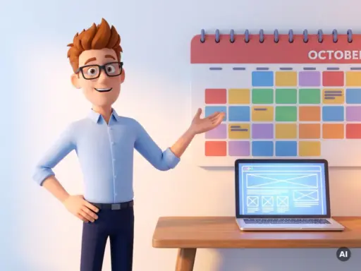 Cartoon-Figur mit Brille zeigt auf Wandkalender neben aufgeklapptem Laptop mit Website-Wireframe, moderner CGI-Stil.