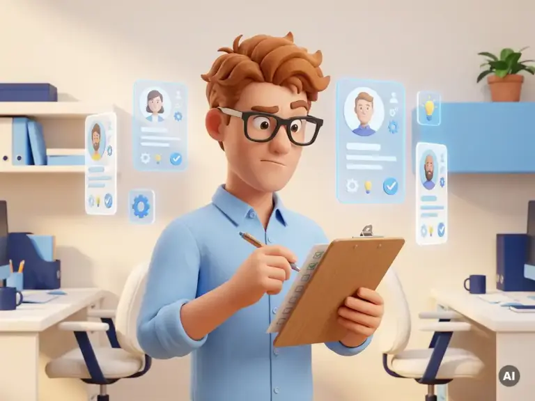 3D-Cartoon-Figur mit Brille und blauem Hemd prüft Kandidatenliste auf Klemmbrett, umgeben von schwebenden Bewerberprofilen.