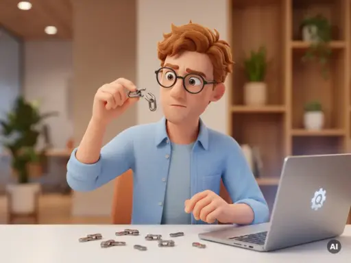 3D-Cartoon-Figur mit Brille untersucht ein gebrochenes Kettenglied am Schreibtisch mit Laptop, symbolisiert defekte Verknüpfungen.