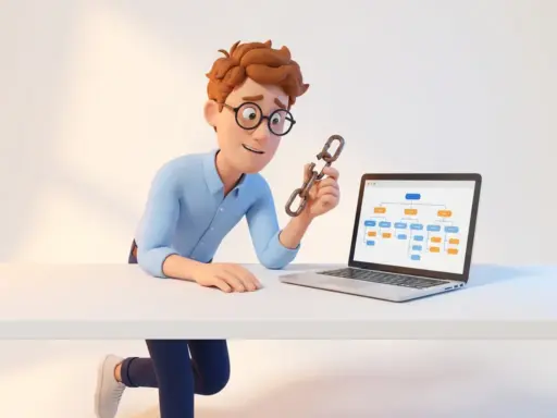 3D-Cartoon-Figur mit Brille untersucht zerbrochenes Kettenglied neben Laptop mit Website-Sitemap, symbolisiert defekte Links.