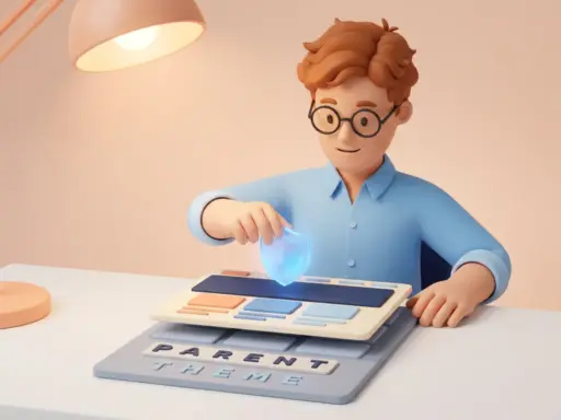 Cartoon-Figur mit Brille platziert leuchtendes Schutzschild über Website-Mockup, darunter ein Parent-Theme als Basis.