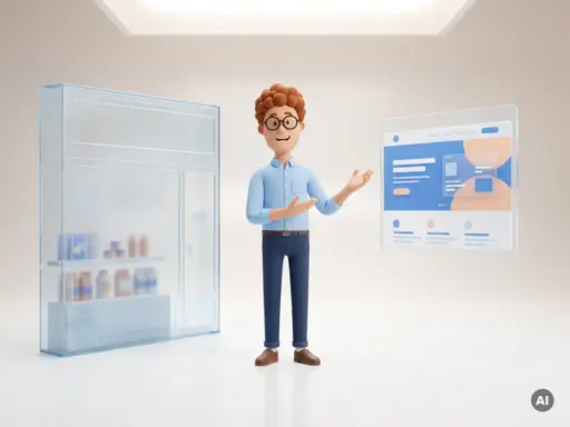 3D-Cartoon-Figur mit Brille und hellblauem Hemd gestikuliert zwischen einem Schaufenster und einem modernen Website-Mockup.