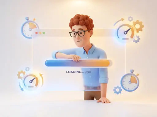 Cartoon-Figur mit Brille lehnt neugierig zu einem leuchtenden Browser-Fenster mit Ladebalken, umgeben von Stoppuhr und Tachometer.