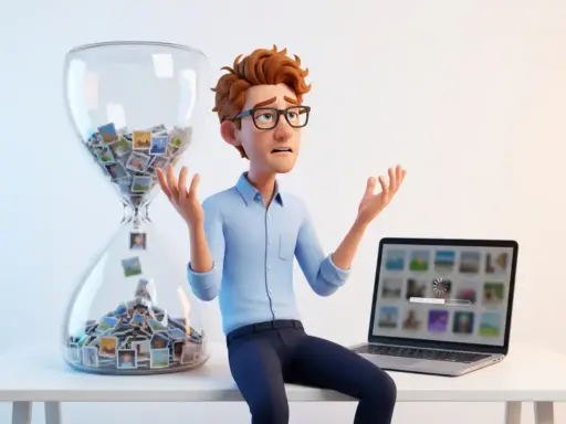 Frustrierter 3D-Cartoon-Mann mit Brille neben einem langsamen Laptop und einer Sanduhr voller Bild-Thumbnails, Symbol für langsame Ladezeiten.