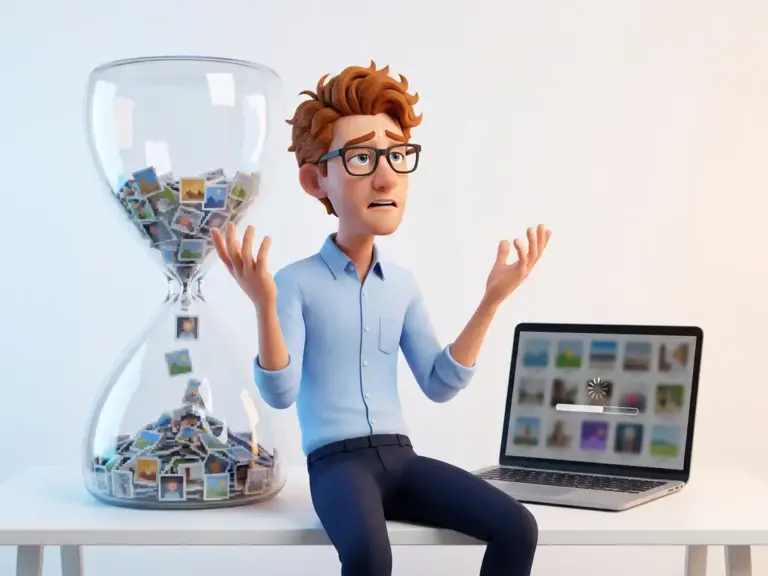 Frustrierter 3D-Cartoon-Mann mit Brille neben einem langsamen Laptop und einer Sanduhr voller Bild-Thumbnails, Symbol für langsame Ladezeiten.