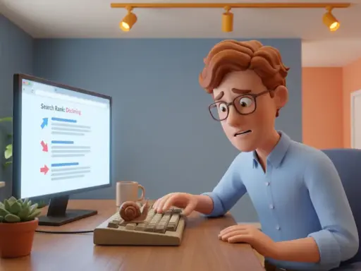 Besorgter Mann mit Brille beobachtet Schnecke auf Tastatur, Monitor zeigt sinkende Google-Suchrankings, moderner Schreibtisch.