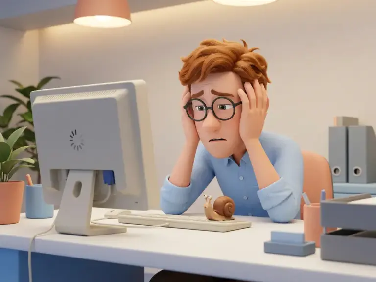 Mann mit Brille schaut frustriert auf langsamen Computer, eine Schnecke sitzt symbolisch auf der Tastatur.