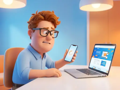 Cartoon-Mann mit Brille hält langsames Smartphone mit Ladekreis, daneben Laptop mit sofort geladenem Website-Inhalt auf weißem Schreibtisch.