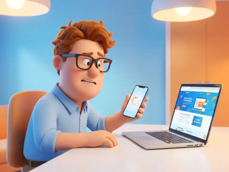 Cartoon-Mann mit Brille hält langsames Smartphone mit Ladekreis, daneben Laptop mit sofort geladenem Website-Inhalt auf weißem Schreibtisch.