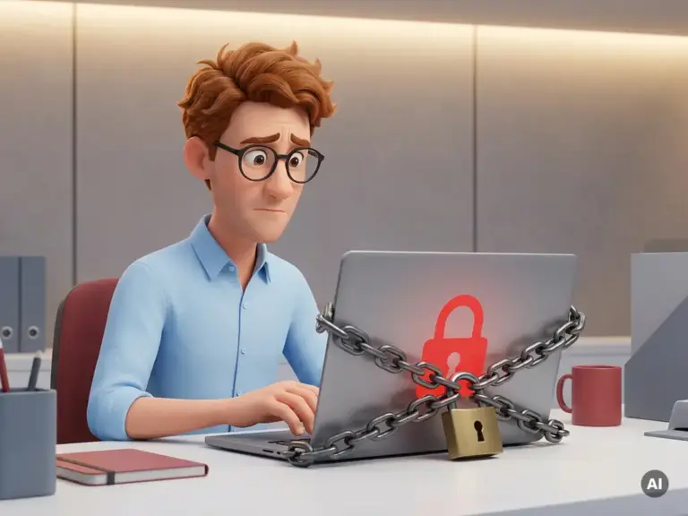 Besorgter 3D-Cartoon-Mann mit Brille blickt auf gesperrten Laptop mit rotem Warnsymbol und Vorhängeschloss auf weißem Schreibtisch.