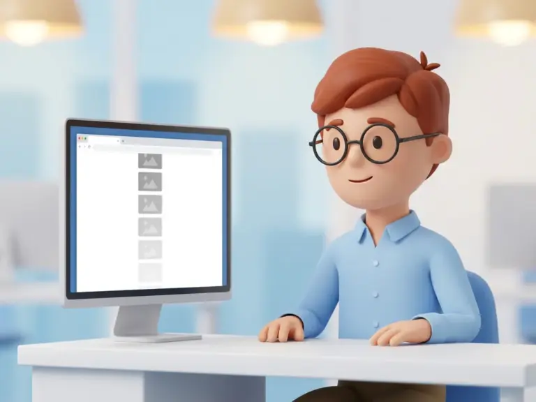 3D-Cartoon-Mann mit Brille und hellblauem Hemd wartet am Schreibtisch, während Bilder schrittweise im Browser laden.