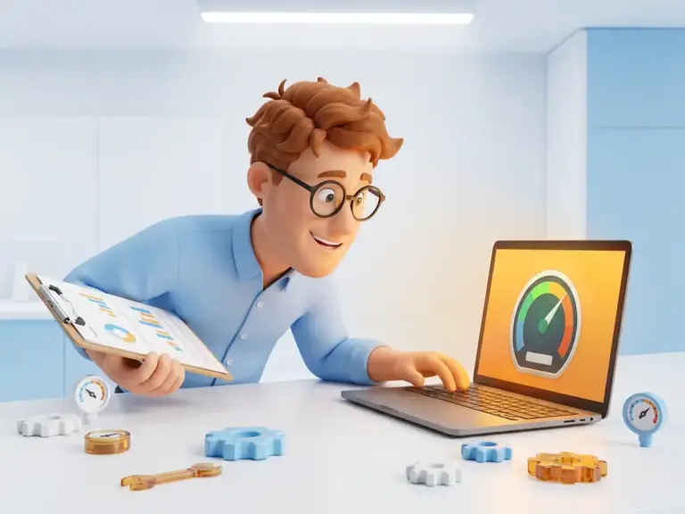 Cartoon-Figur mit Brille und Klemmbrett lehnt über Laptop mit Tachometer-Dashboard, umgeben von Zahnrädern auf weißem Schreibtisch.