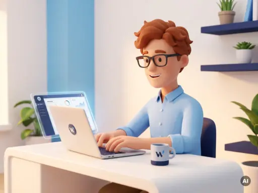Cartoon-Entwicklerin mit Brille tippt an einem modernen Laptop mit lokalem Server-Dashboard, WordPress-Tasse auf dem Schreibtisch.