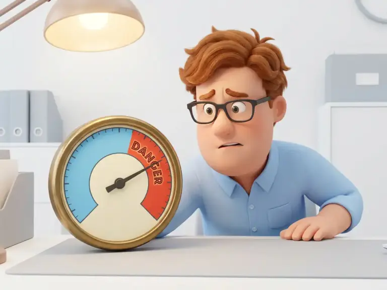 Besorgter 3D-Cartoon-Mann mit Brille blickt auf einen Tachometer, dessen Zeiger tief im roten Bereich steht.