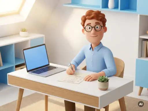 3D-Cartoon-Figur mit Brille und hellblauem Hemd überprüft handgeschriebene Checkliste am modernen Schreibtisch mit Laptop.